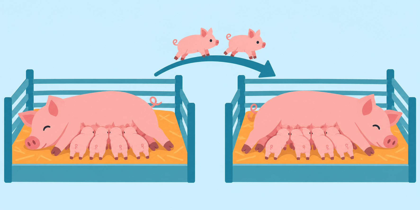 母豚から別の母豚へ子豚を移動するナースのイラスト